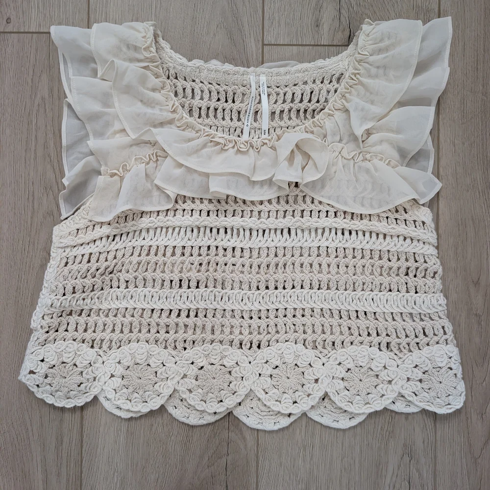 Anthropologie Ruffled Ivory Ruffled Crochet Top - Picture 3 of 10